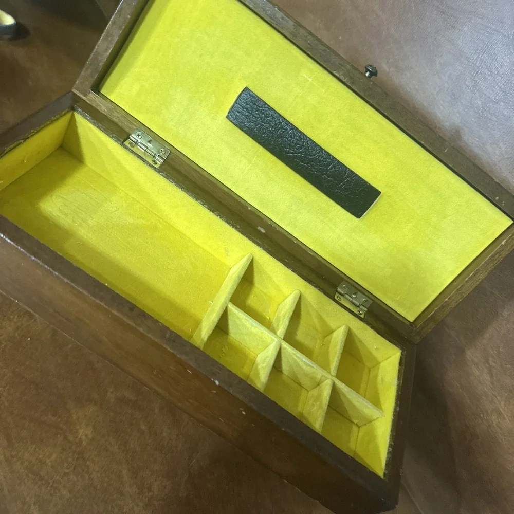 Vintage Wood Wooden Jewelry Box Gold Yellow Velvet Lined 12X5X3